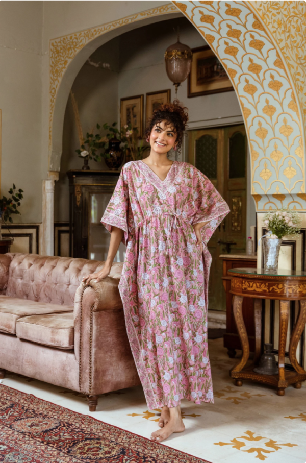 Pink Floral Block Print Cotton Kaftan (Free Size)