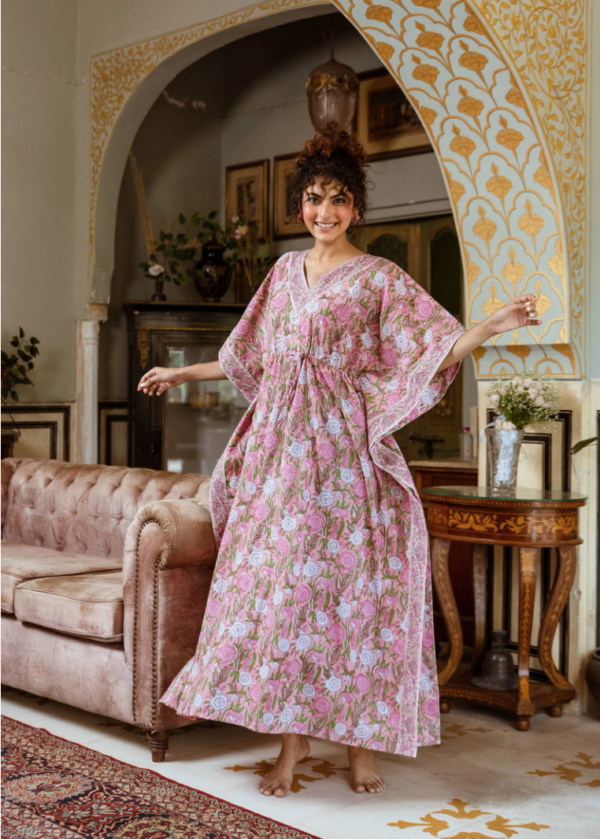 Pink Floral Block Print Cotton Kaftan (Free Size) - Image 2