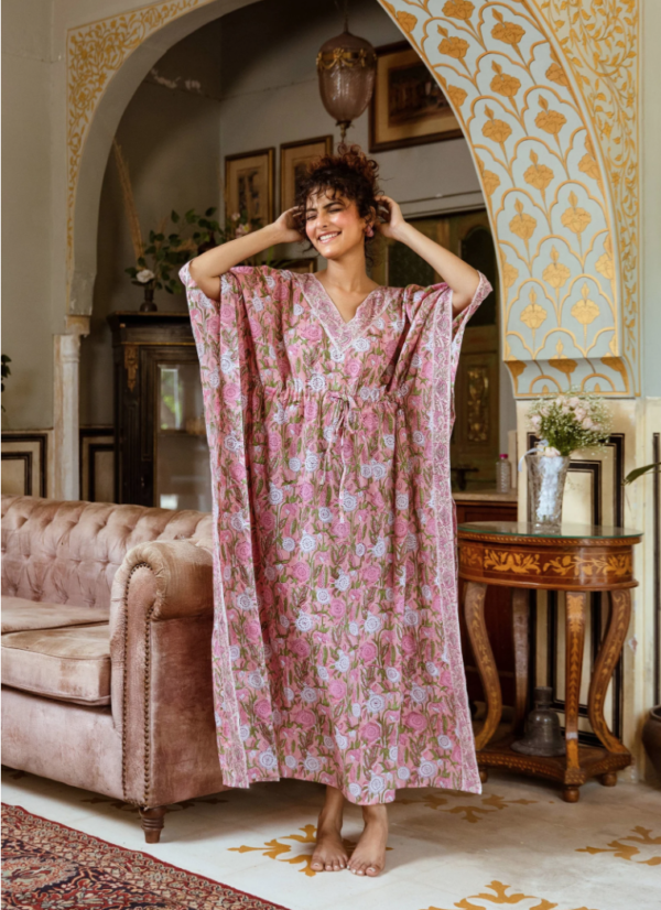 Pink Floral Block Print Cotton Kaftan (Free Size) - Image 3