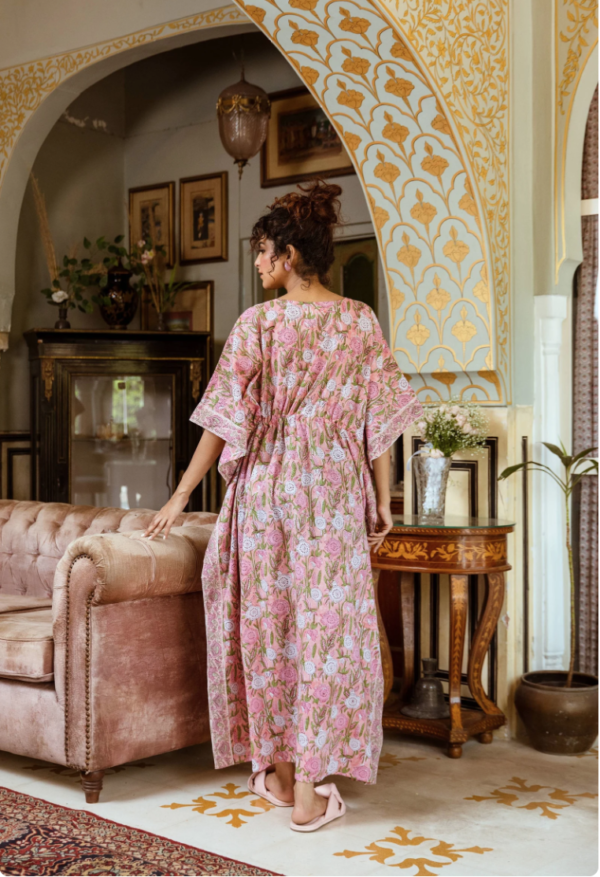 Pink Floral Block Print Cotton Kaftan (Free Size) - Image 4