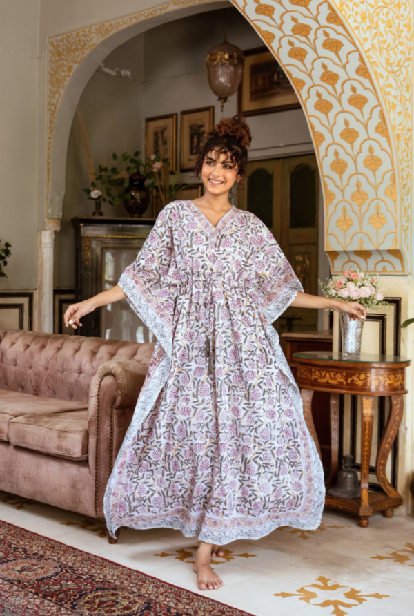 Lilac Floral Block Print Cotton Kaftan (Free Size) - Image 5