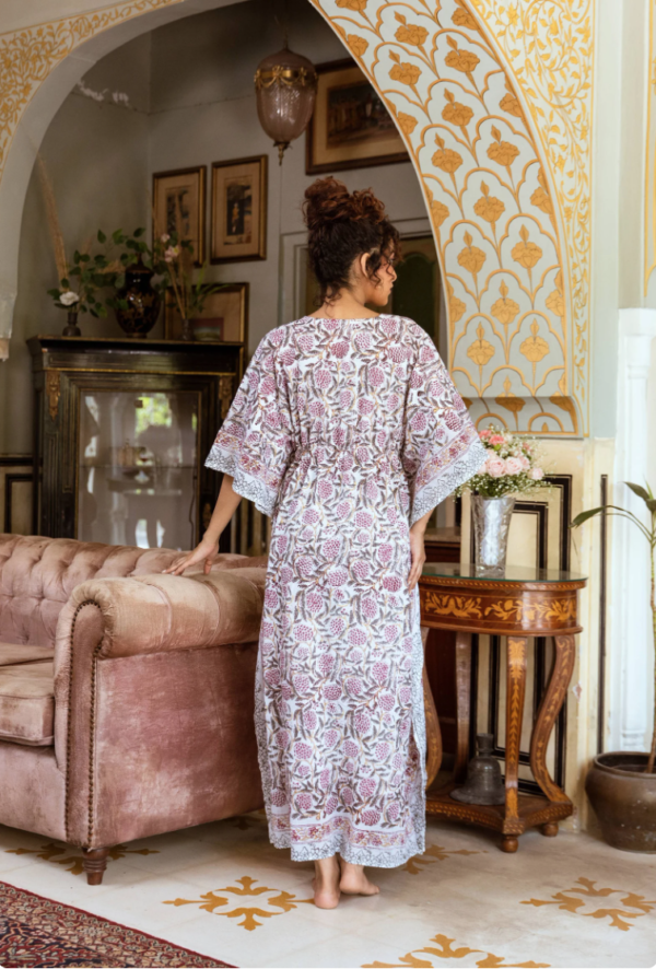 Lilac Floral Block Print Cotton Kaftan (Free Size) - Image 4