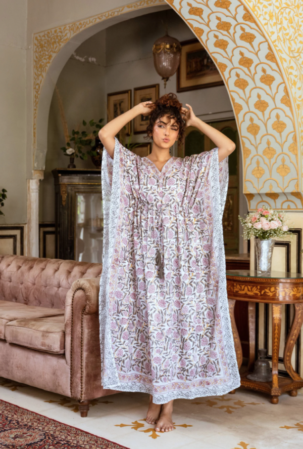 Lilac Floral Block Print Cotton Kaftan (Free Size) - Image 3