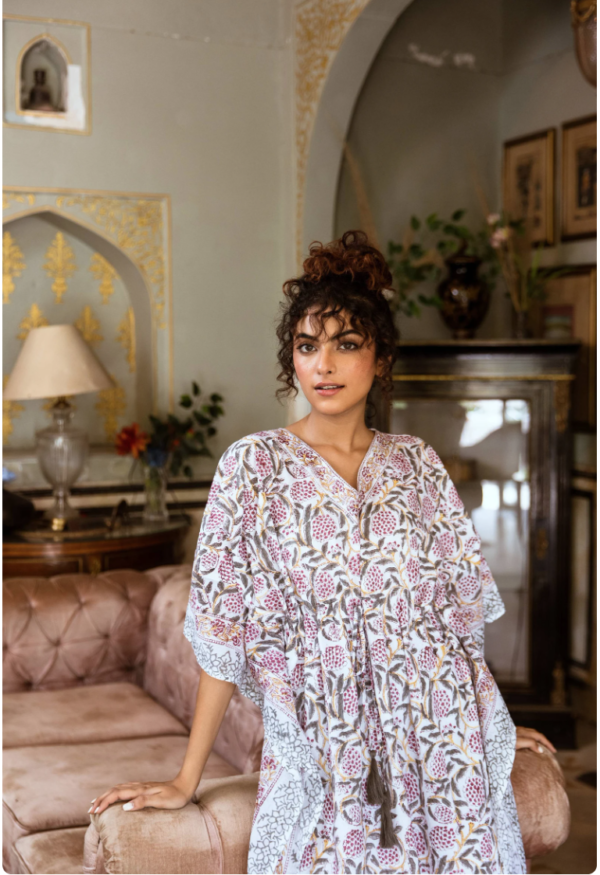Lilac Floral Block Print Cotton Kaftan (Free Size) - Image 2
