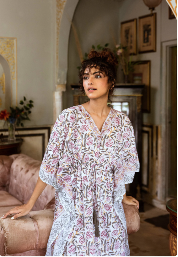 Lilac Floral Block Print Cotton Kaftan (Free Size)