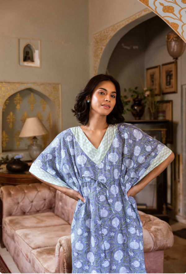 Blue Floral Block Print Cotton Kaftan (Free Size)
